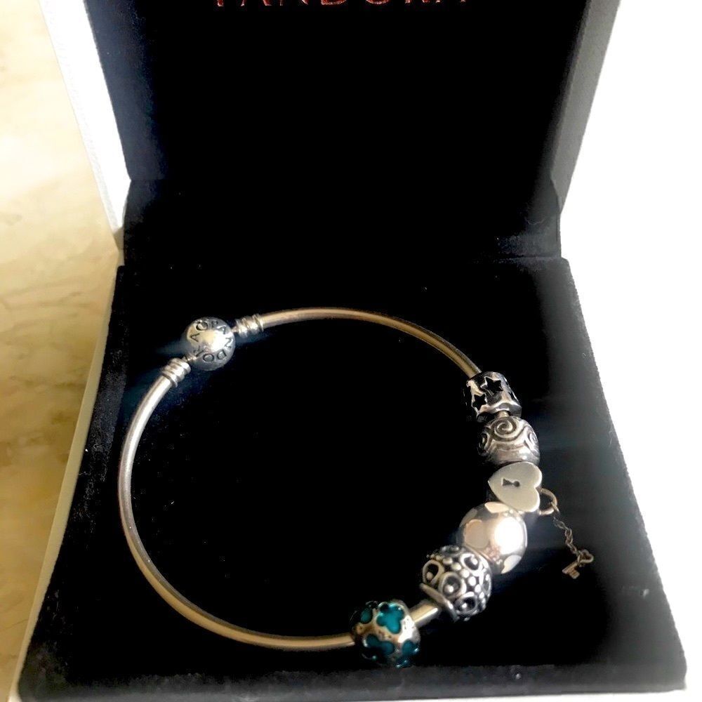 Pandora Sterling Silver Solid Bangle & 6 Charms - Picture 8 of 8